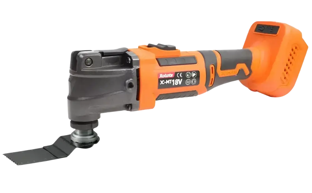 Oranssi ja musta ryobi xc-mt18v monipuolinen akkukäyttöinen monitoimityökalu irrotettavalla terällä