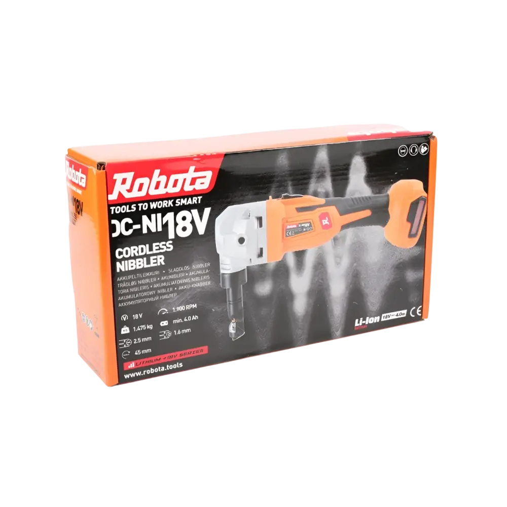 Orange ja musta robota dc-ni18v akkupeltileikkuri runko sen vähäjännitepakkausssä näkyvissä retailissa