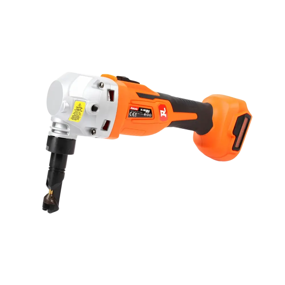 Orange ja musta robota dc-ni18v akkupeltileikkuri runko kulmahiomakone hopeisella päällä ja mustalla leikkausosalla