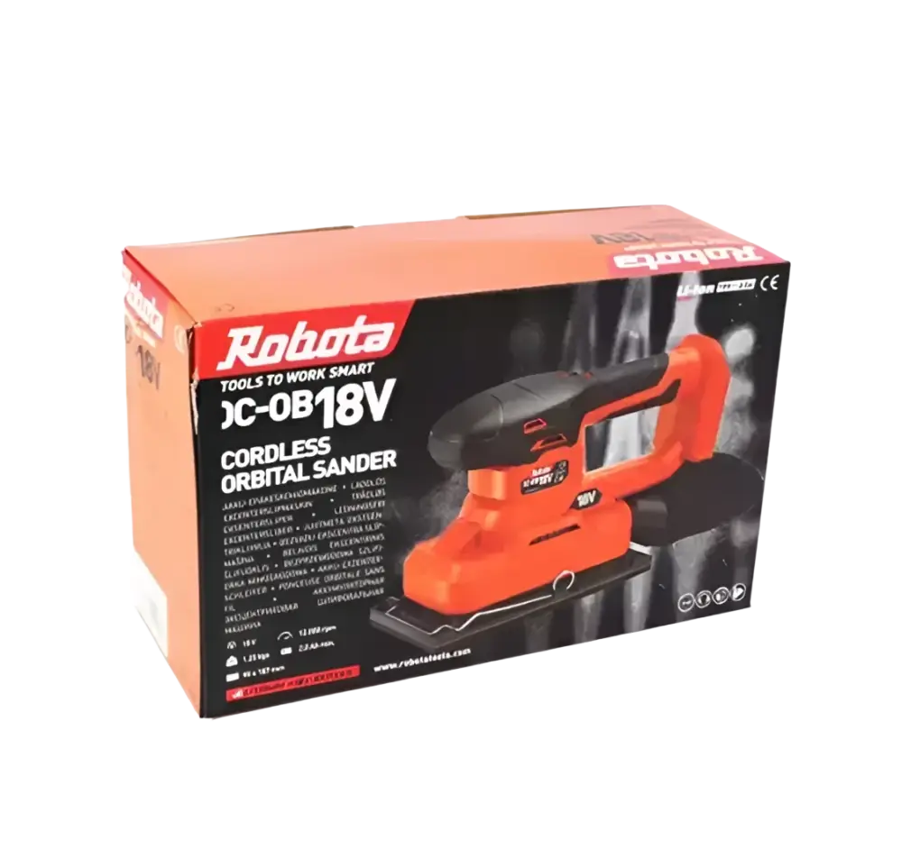Robota dc-ob18v kevyt 18v epäkeskohiomakone oranssi ja musta langaton hiomakone pakkauksessa