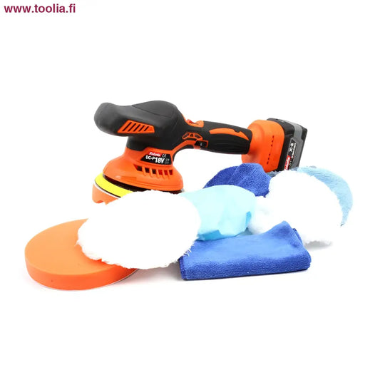 Robota DC-P18V epäkeskohiomakone oranssilla ja mustalla, akku, 150 mm, liinoja