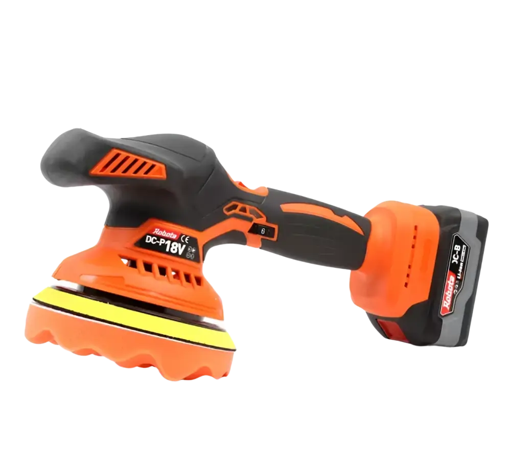 Robota dc-p18v akkukäyttöinen epäkesko hioma- ja kiillotuskone oranssi musta runko keltainen kiillotuslaikka