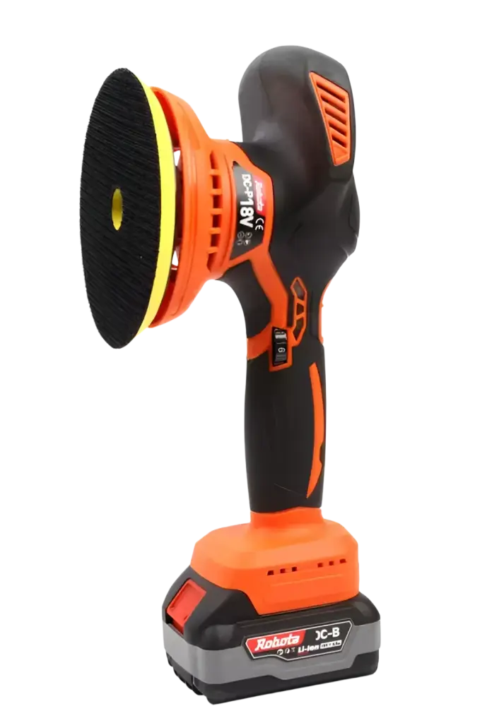 Robota dc-p18v akkukäyttöinen epäkesko hioma- ja kiillotuskone oranssi musta runko mustalla kiillotusharjalla