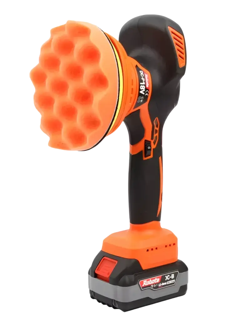 Robota dc-p18v akkukäyttöinen epäkesko hioma- ja kiillotuskone oranssi musta runko ja hunajakennokuvioitu vaahtomuovikiinnike