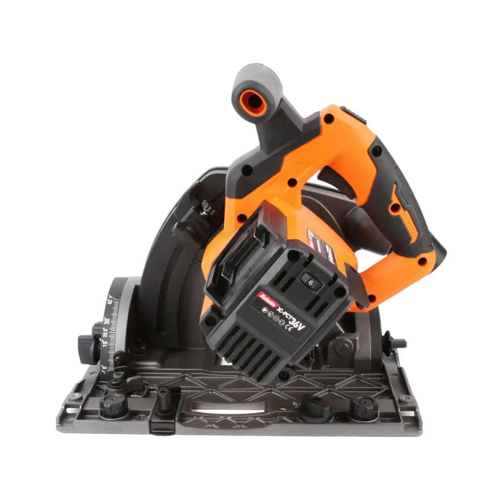 Robota dc-pct36v oranssi ja musta akkukäyttöinen pyörösaha näkyvällä akkupaketilla tarkkaan sahaamiseen