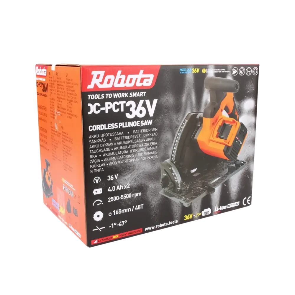 Robota dc-pct36v akku-upotussaha oranssi mustassa pakkauksessa tarkkaan sahaamiseen