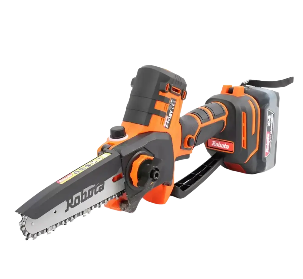 Robota dc-ps18v oranssi ja musta akkukäyttöinen oksasaha hopeisella terällä laipan pituus ja ketjun nopeus