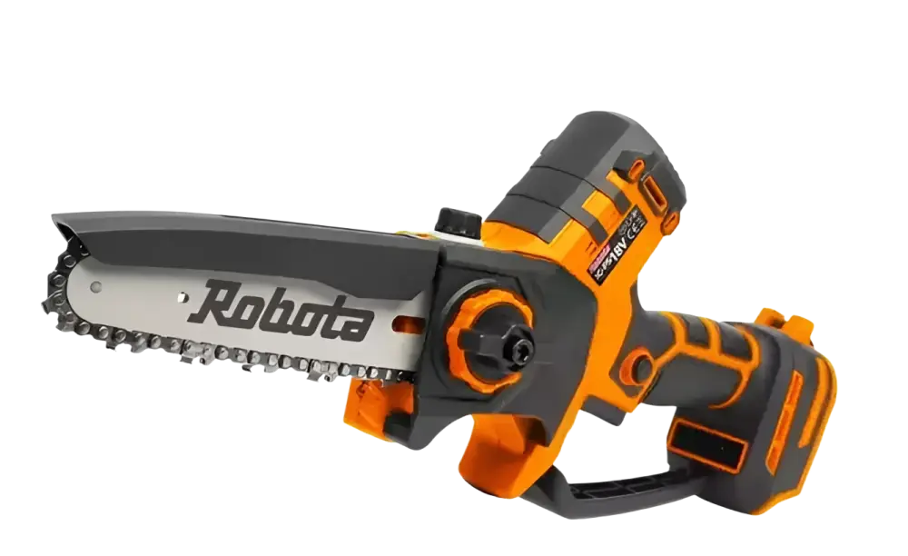 Orange ja musta cordless robota dc-ps18v akkuoksasaha 18v runko laipan pituus näkyvissä hopeisessa terässä