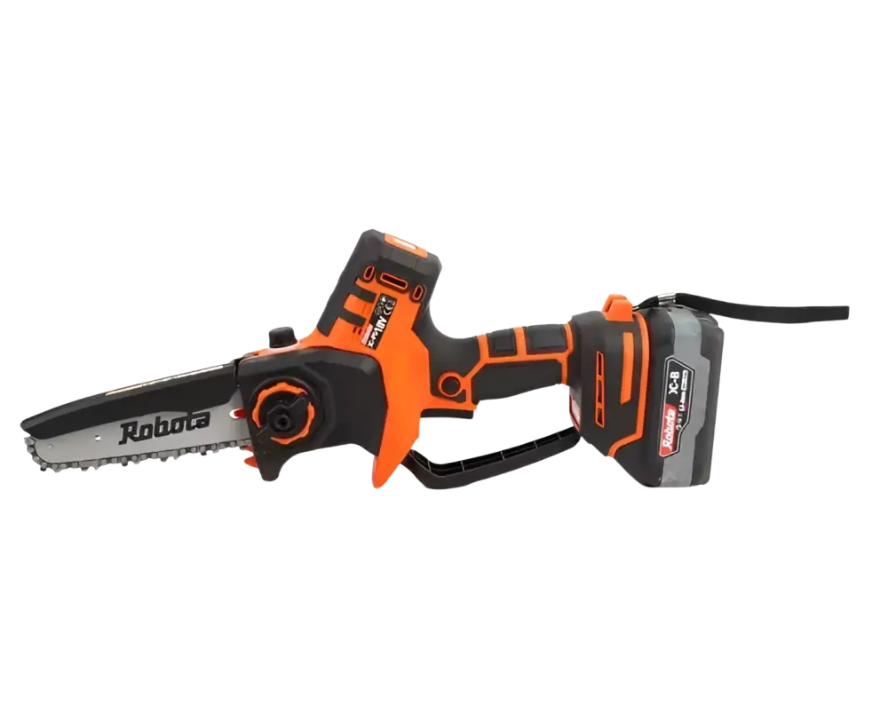 Oranssi ja musta robota dc-ps18v akkuoksasaha 18v runko hopeisella laipalla ketjun nopeudella
