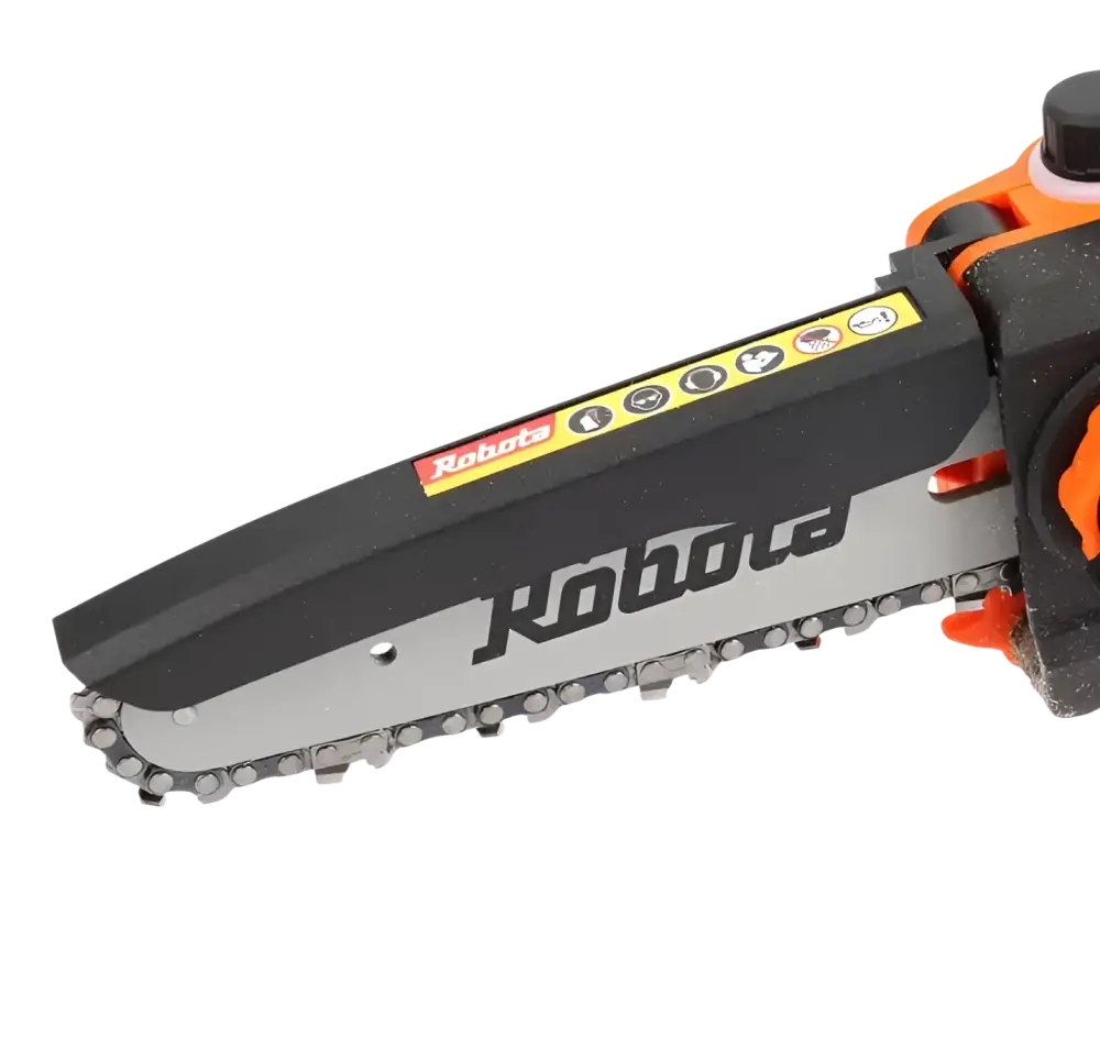 Robota dc-ps18v akkuoksasaha 18v runko oranssi musta väri ja hopea ketjunsuojus laipan pituus ja ketjun nopeus huomioitu