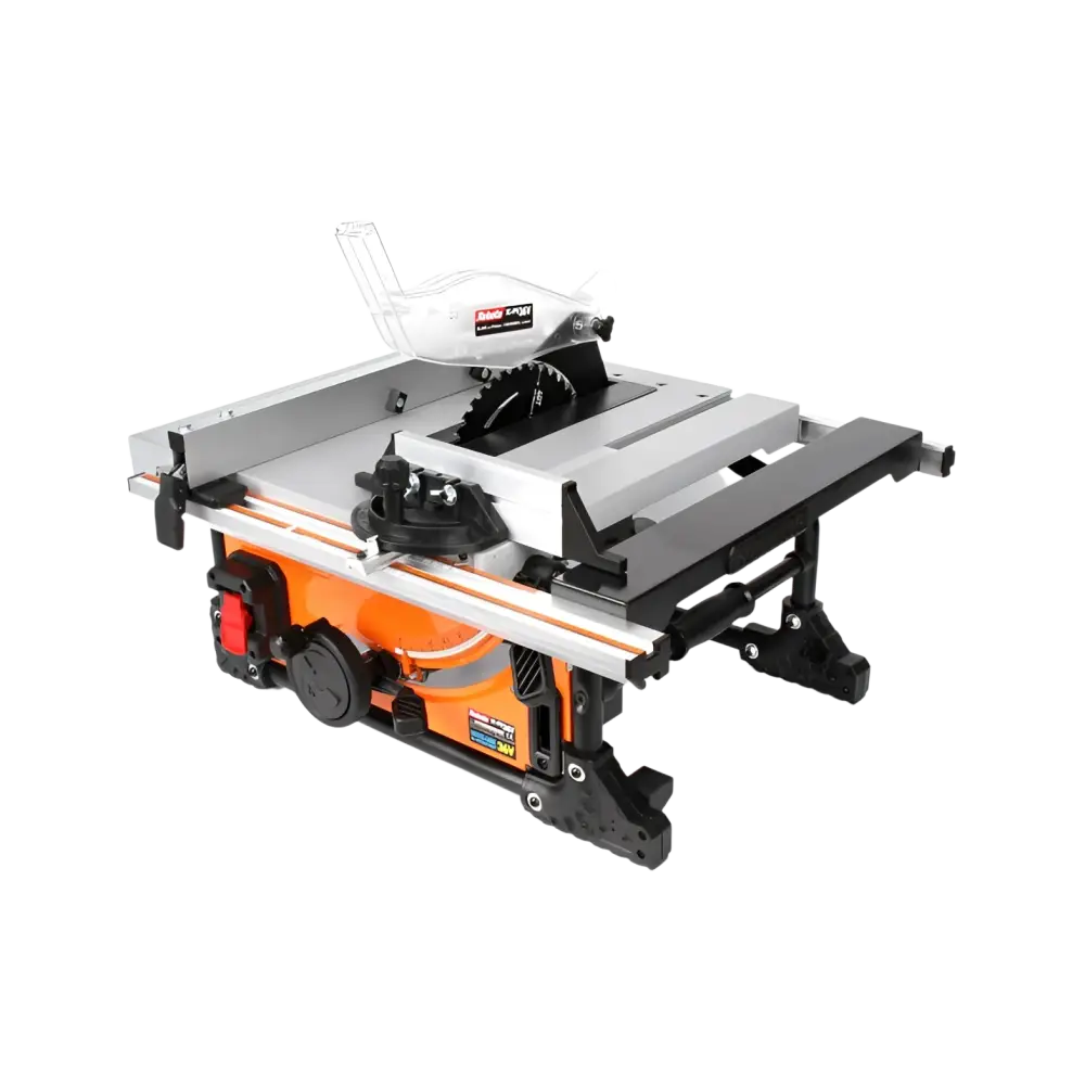 Robota dc-ps36v akkupöytäsaha oranssi mustalla runkolla 10 tuuman terällä ja säädettävällä aidalla asteen kulmassa