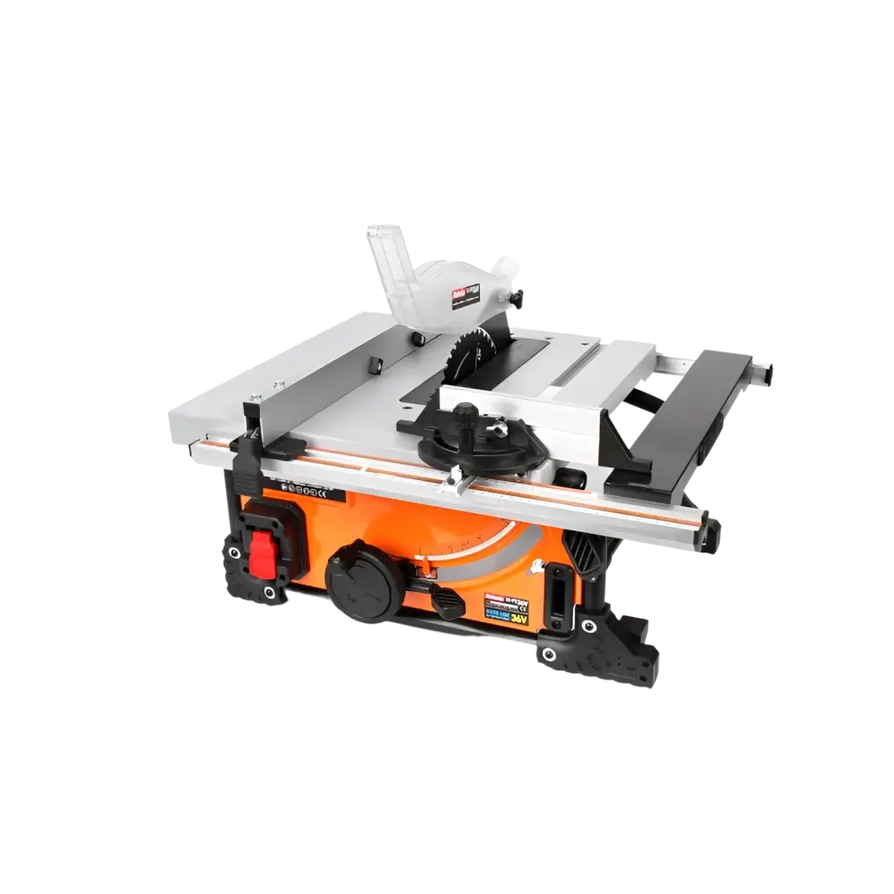 Robota dc-ps36v akkupöytäsaha oranssi mustalla rungolla ja hopealla metallipöydällä, asteen kulmassa säädettävällä suorakaiteella