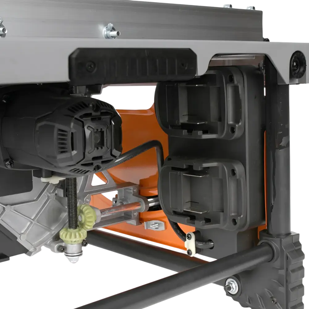 Robota dc-ps36v akkupöytäsaha oranssi musta rungolla ja säädettävällä teräsuojuksella asteen kulmassa