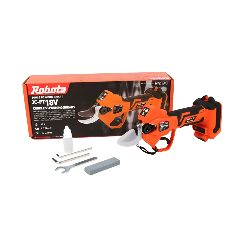 Robota dc-pt18v akkuoksasakset oranssi musta ergnominen kahva voimakas leikkausteho ja leikkausavauman säätöjä