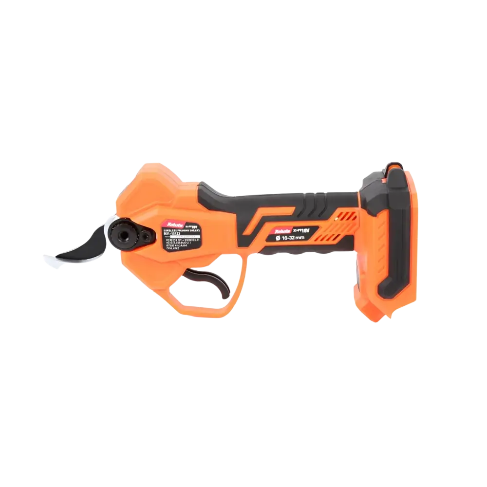 Robota dc-pt18v oranssi ja musta akkukäyttöinen oksasakset ergonomisella muotoilulla ja leikkausavauman säädöillä tehokkaat oksasakset