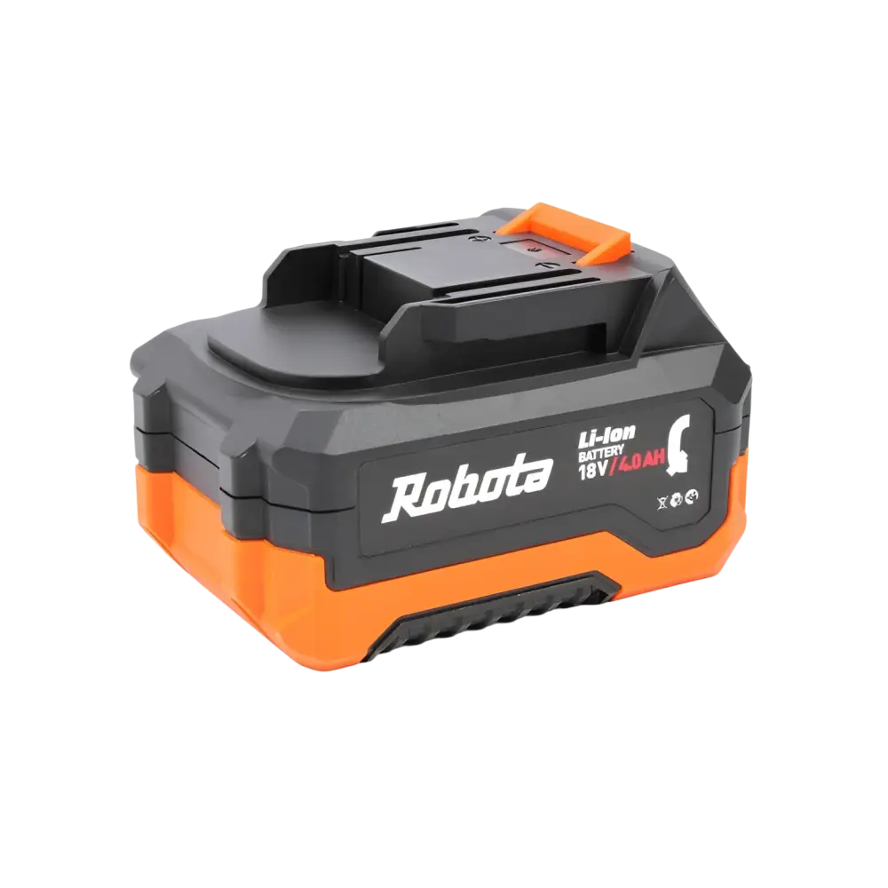Orange ja musta robota dc-q18v akku 4ah li-ion paristo pakkauksella ja teksturoidulla otteella