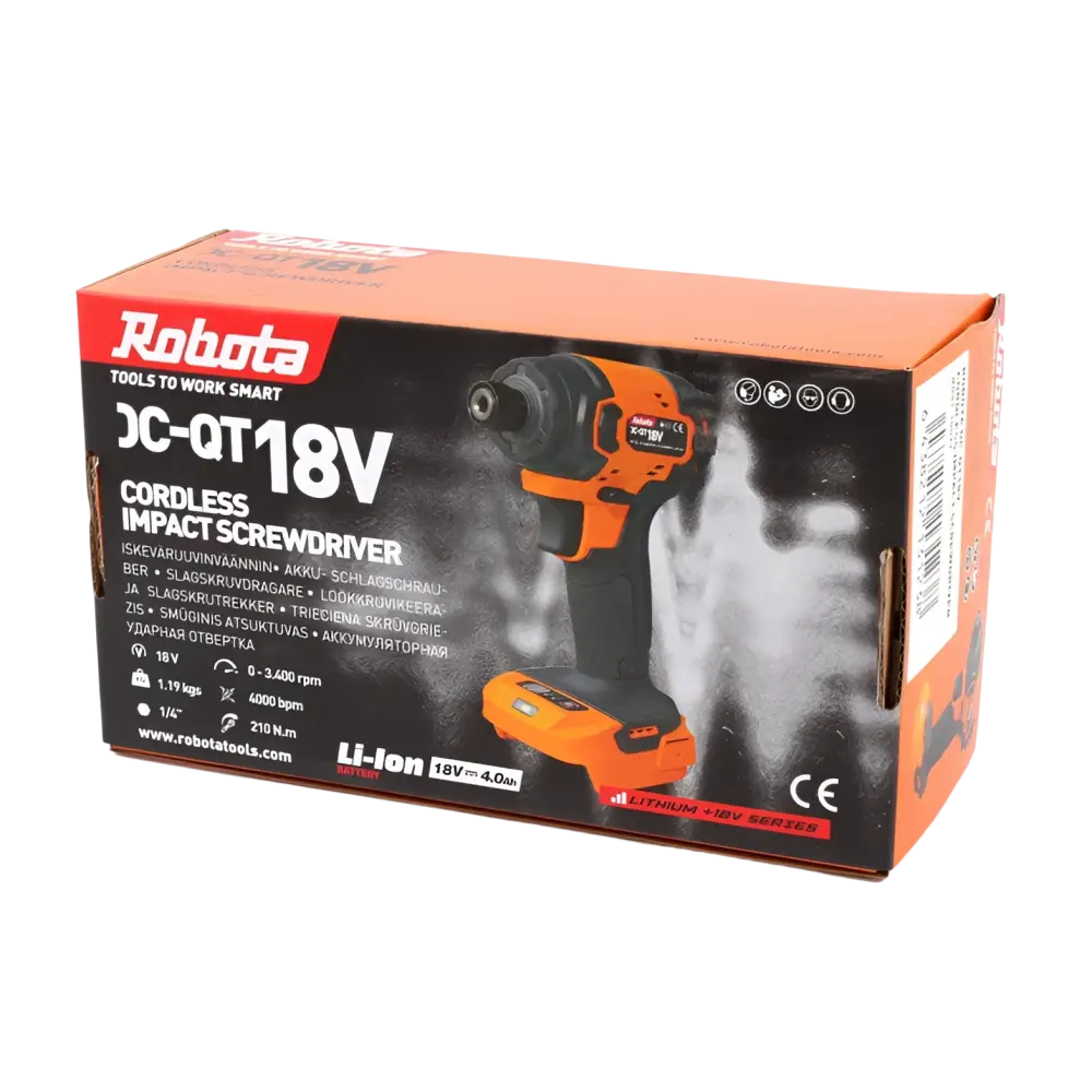 Robota dc-qt18v oranssi ja musta tehokas 18v iskevä akkuruuvinväännin alkuperäisessä pakkauksessa