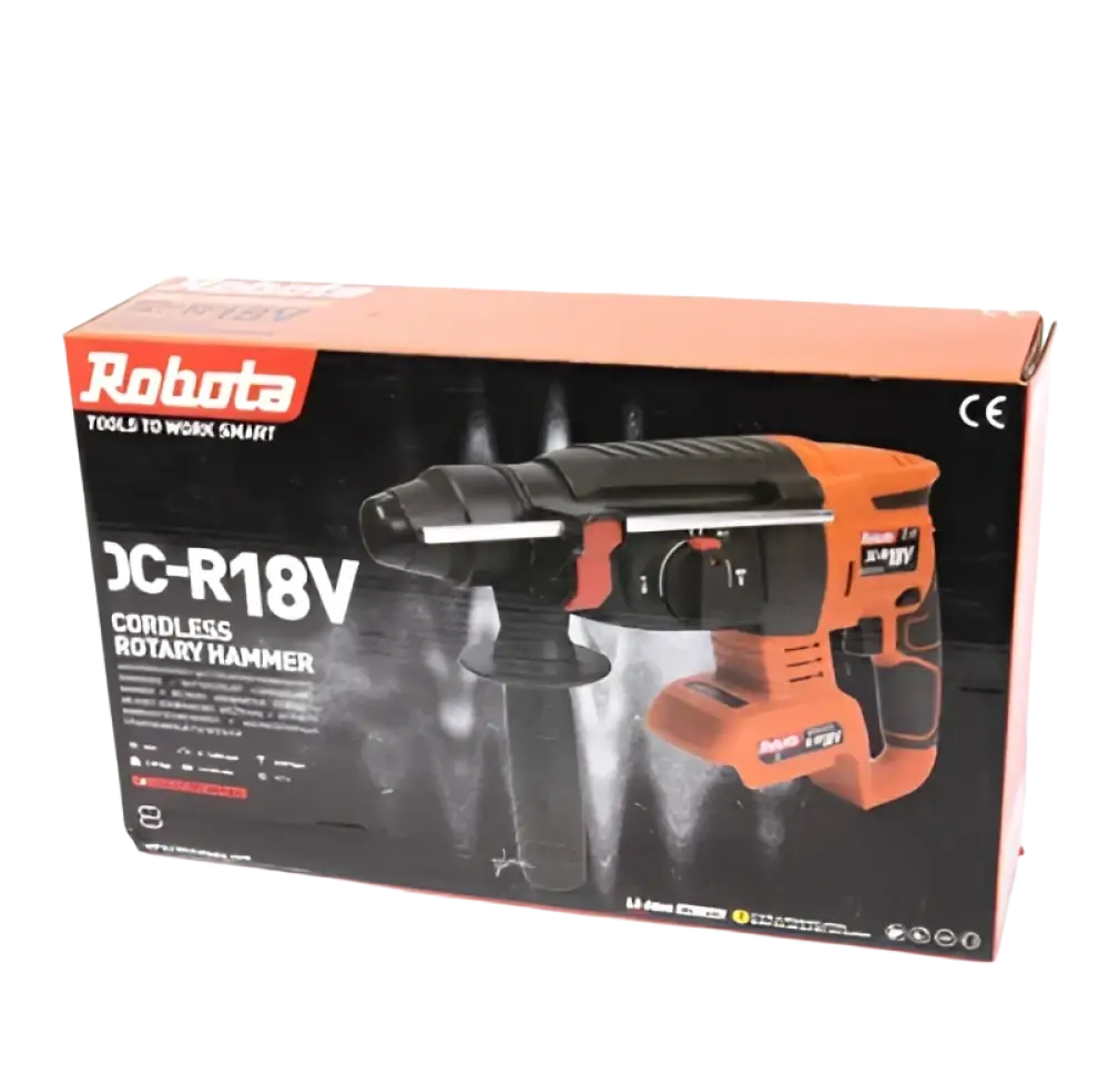 Robota dc-r18v oranssi ja musta 18v akkuporavasara sds+ runko ergonomisella kahvalla raskaisiin poraus- ja purkutöihin