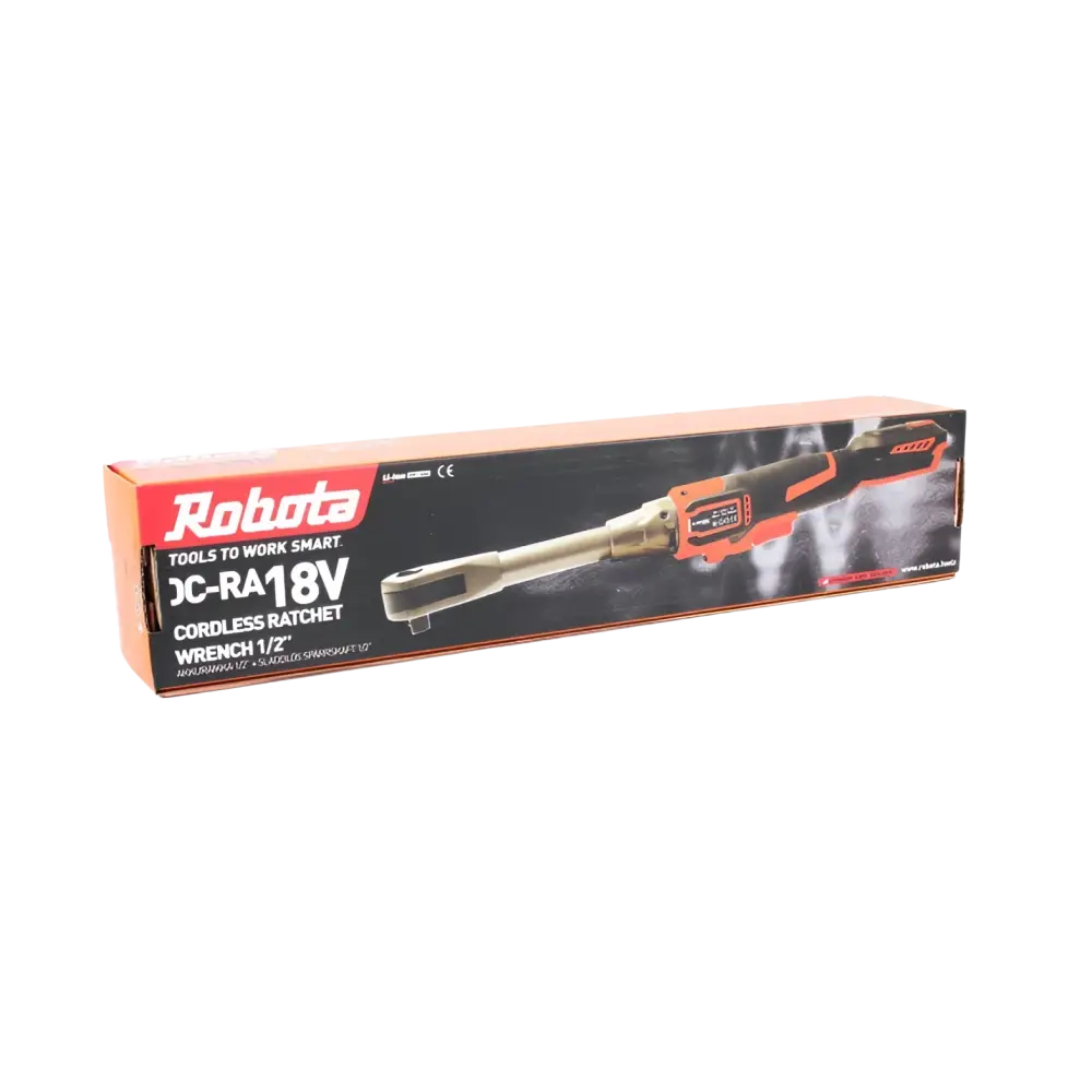 Robota dc-ra18v akkuräikkä ½ tuuman vääntiöllä oranssi musta metallinen runko led-työvalolla helpottaa työskentelyä