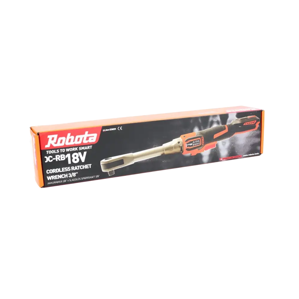 Orange ja musta robota dc-rb18v akkuräikkä 3/8” pakkauksessa led-työvalo helpottaa työskentelyä