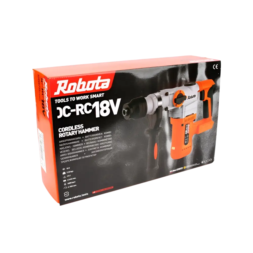 Robota dc-rc18v 18v oranssi ja harmaa akkukäyttöinen poravasara myyntipakkauksessa