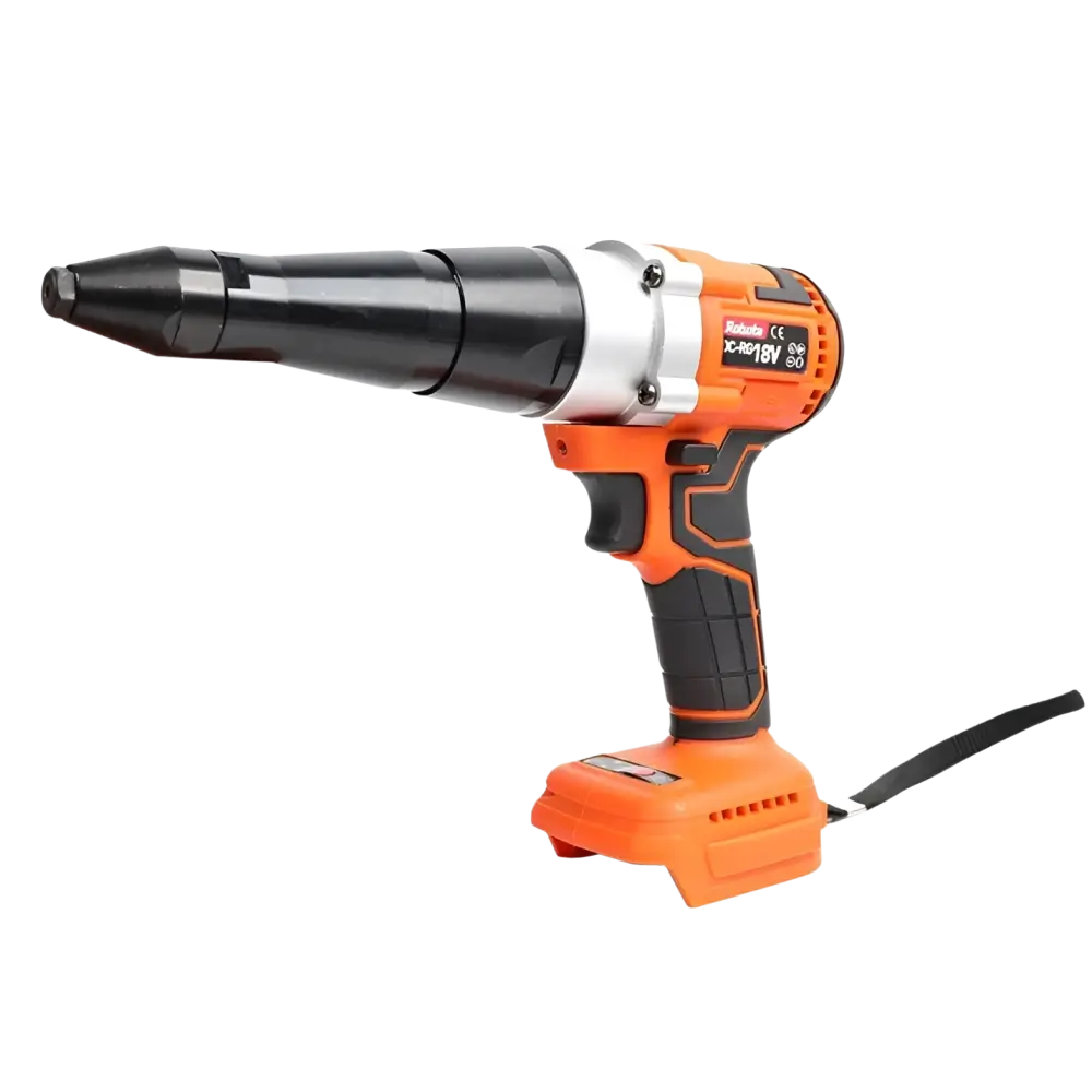 Robota dc-rg18v akkupopniittipyssy oranssi ja musta väri ergonomisella kahvarakenteella ja hopealla yksityiskohdalla