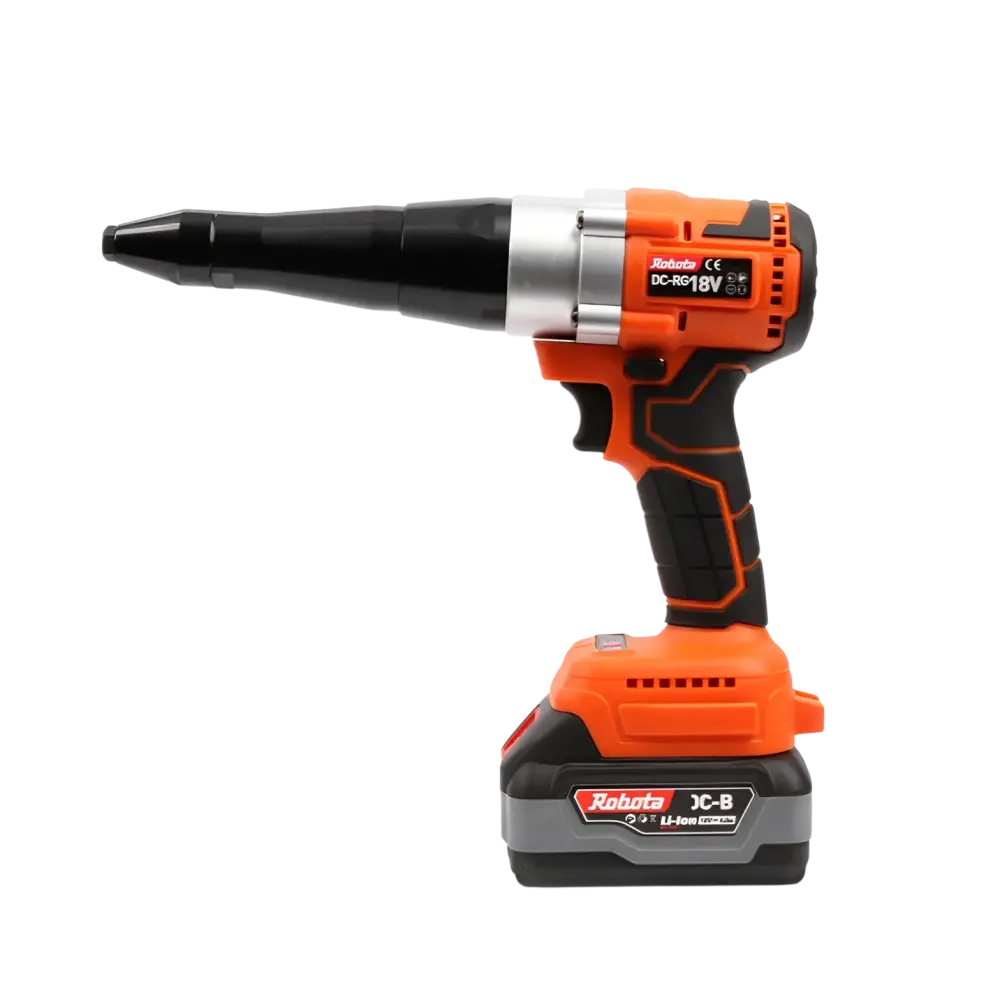 Oranssi ja musta robota dc-rg18v akkupopniittipyssy hopeisella korostuksella ja dc-rg18v mallinimellä rungossa