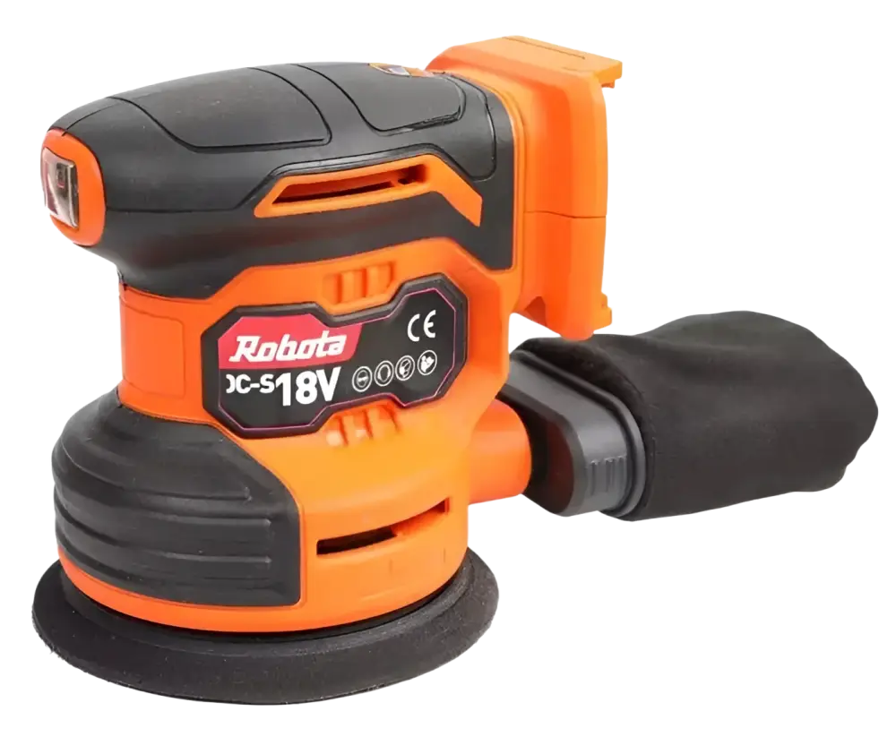 Robota dc-s18v orange ja musta akkuhiomakone monipuoliseen käyttöön pehmeällä kahvalla 125mm runko
