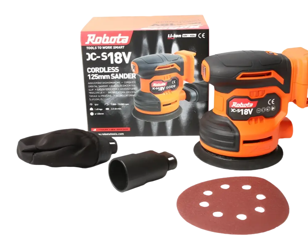 Orange ja musta robota jc-s18v akkuhiomakone monipuoliseen käyttöön 125mm hiomakiekolla ja punaisella hiomalaikalla