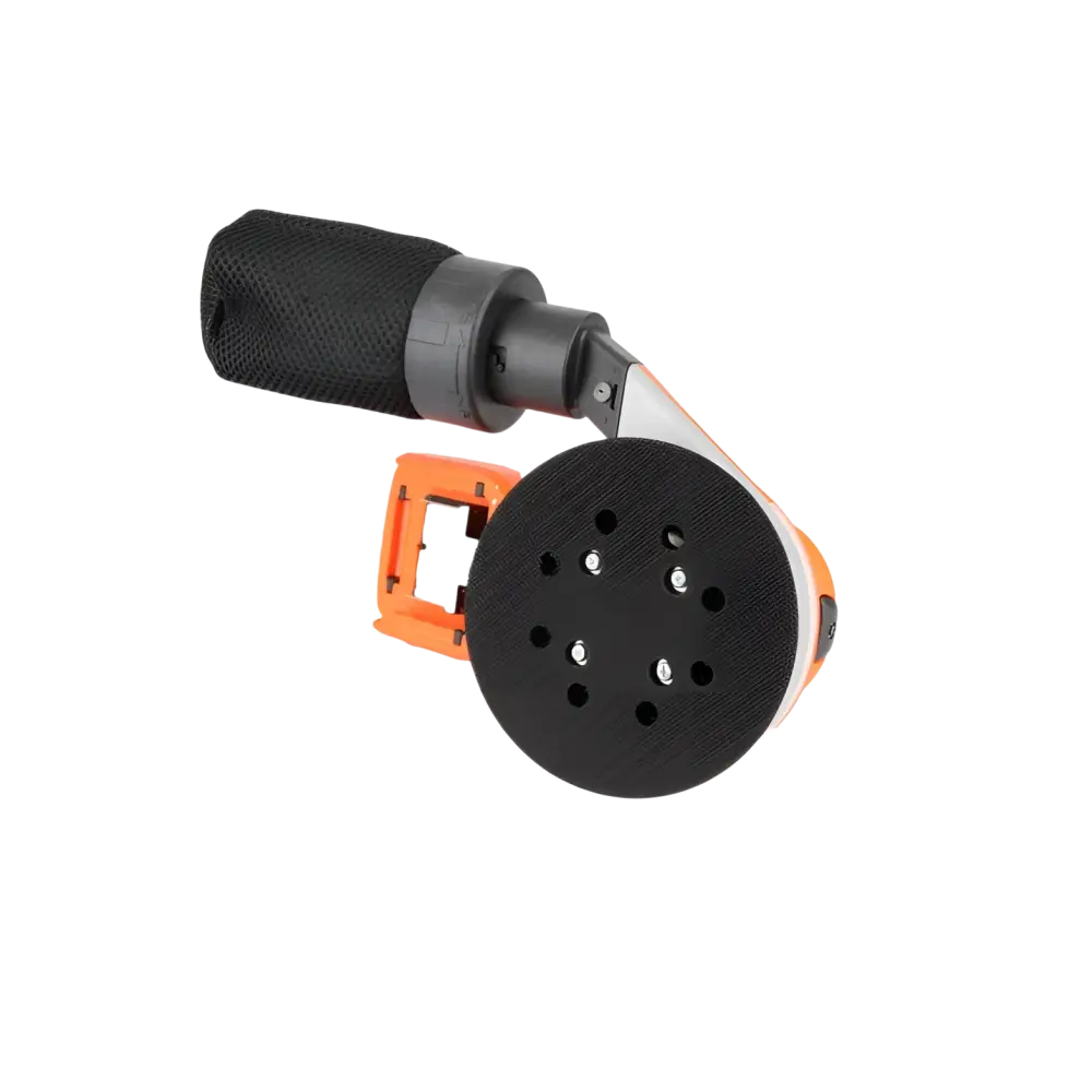 Oranssi ja musta 125mm dc-sa18v runko akkuepäkeskohiomakone tekstuuripintaisella kahvalla ja pyöreällä hiomapadalla