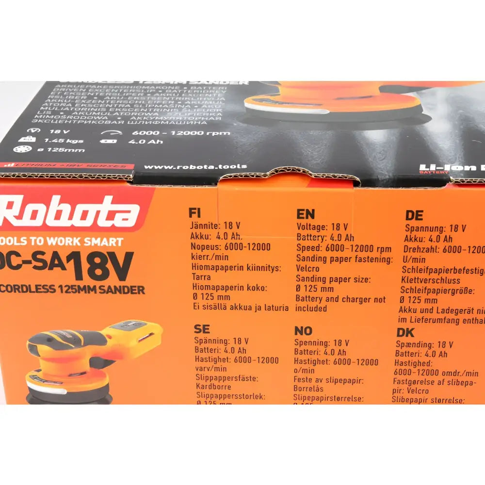 Oranssi ja musta robota 125mm dc-sa18v runko akkuepäkeskohiomakone työntekoa varten