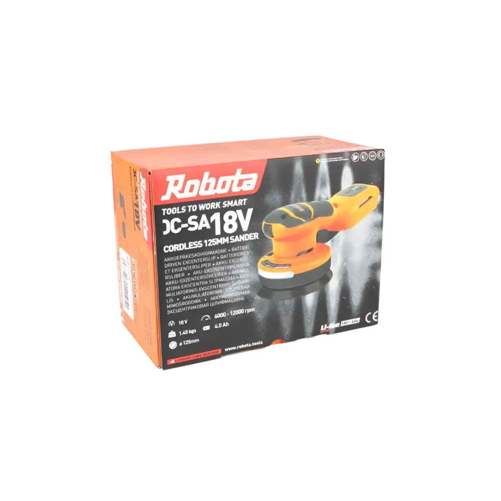 Orange ja musta robota dc-sa18v runko 125mm akkuepäkeskohiomakone myyntipakkauksessa