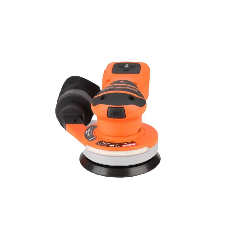 Oranssi ja musta johdoton 125mm dc-sa18v runko orbital-hiomakone valkoisella pohjalevyllä
