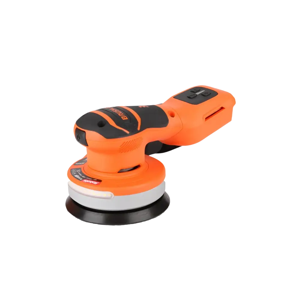 Oranssi ja musta 125mm dc-sa18v runko akkuepäkeskohiomakone harmaalla pohjalevyllä