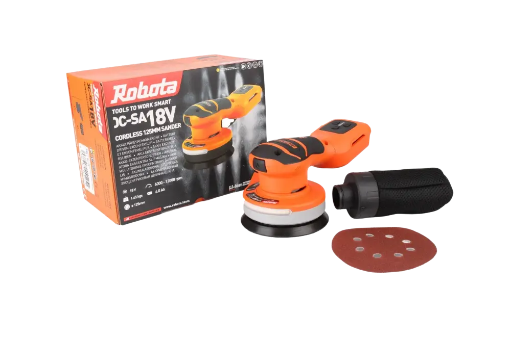 Oranssi ja musta robota dc-sa18v runko 125mm akkuepäkeskohiomakone teksturoidulla kahvalla