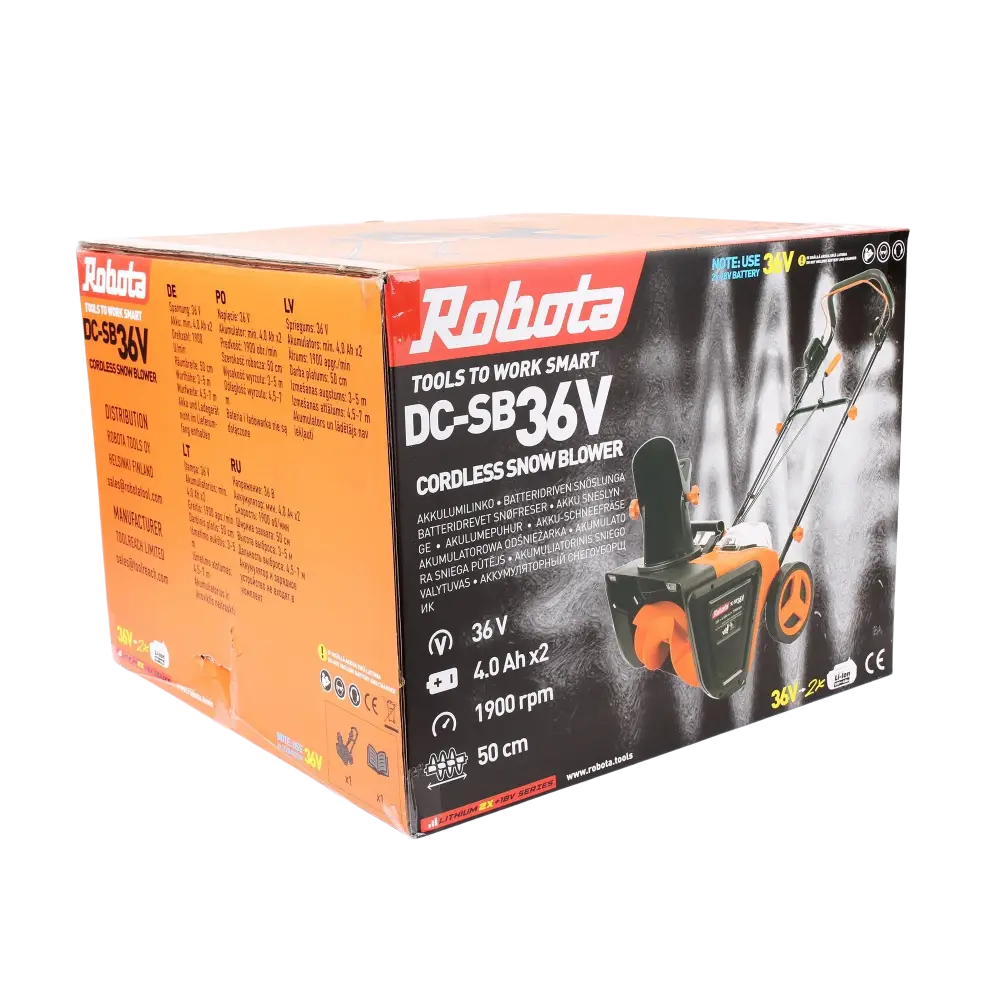 Robota dc-sb36v akkulumilinko lumen poistoon oranssi musta langaton laite myyntipakkauksessa