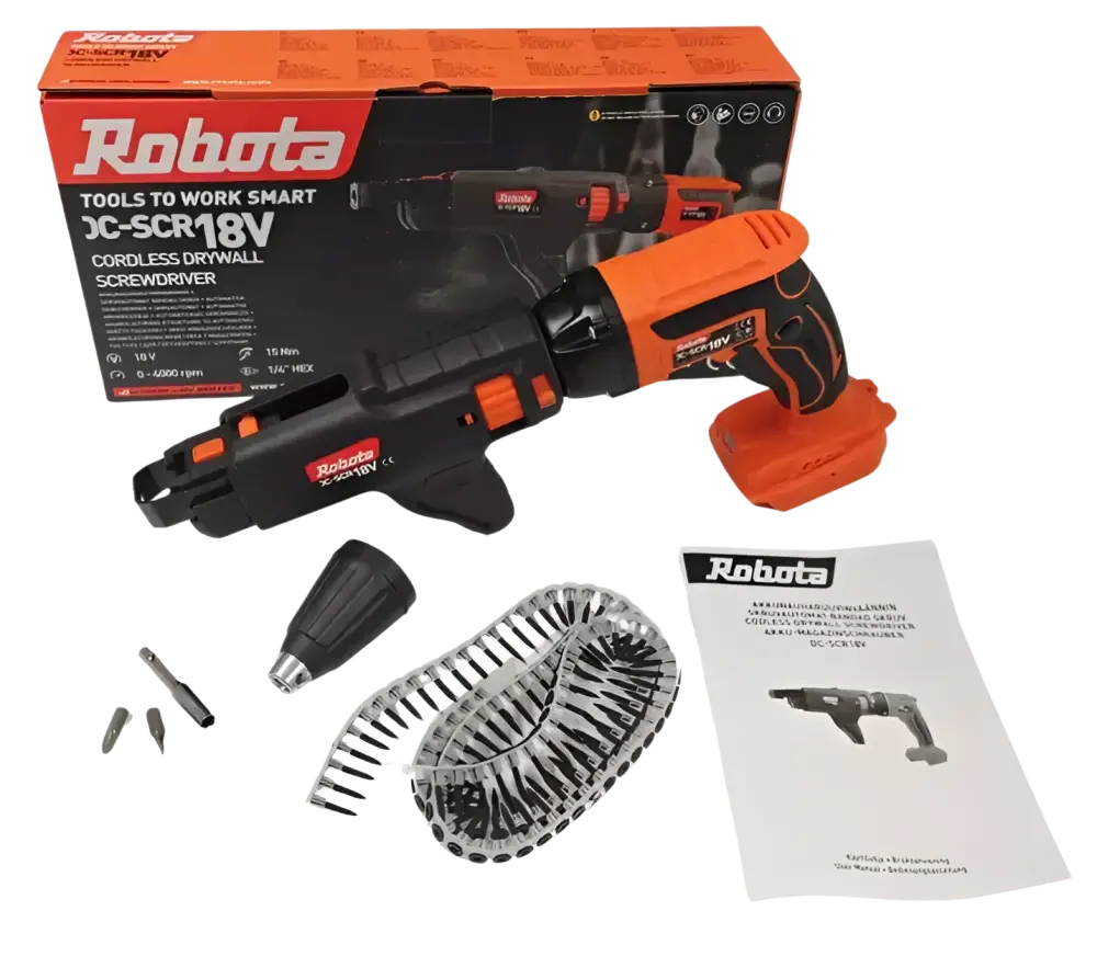 Orange ja musta robota dc-scr18v runko akkukäyttöinen akkuhärmäruuvinväännin vaihtopäillä, makita lxt 18v yhteensopiva
