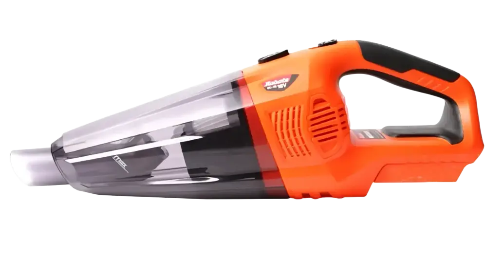 Orange ja musta robota dc-vc18v akkukäyttöinen imuri läpinäkyvällä pölysäiliöllä toimii makita akuilla