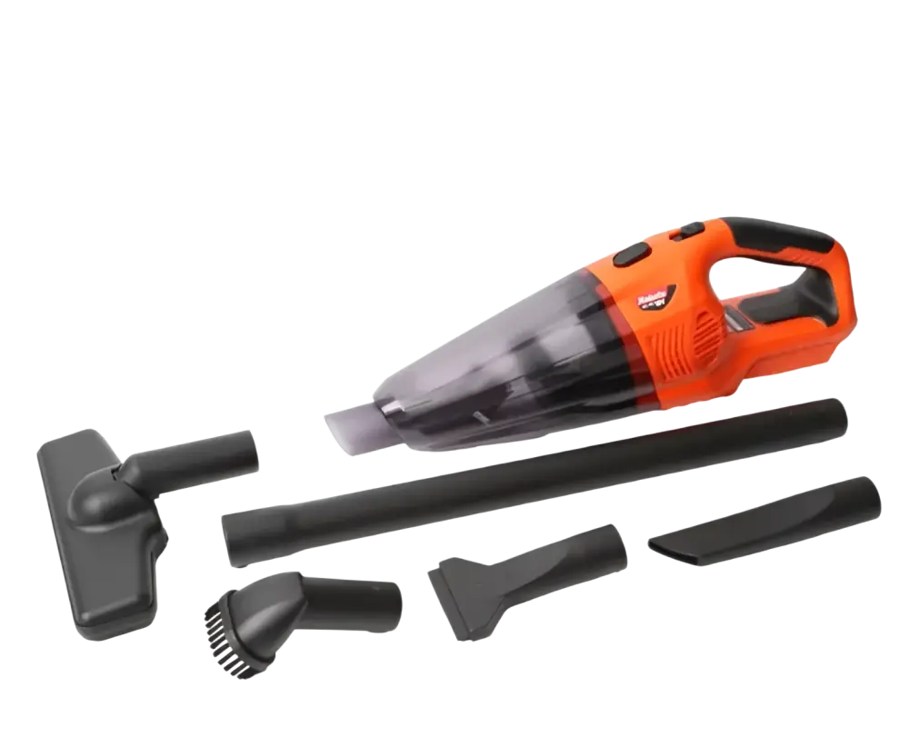 Robota dc-vc18v akkukäyttöinen orange ja musta kädessä pidettävä imuri, toimii makita akuilla eri lisäosilla