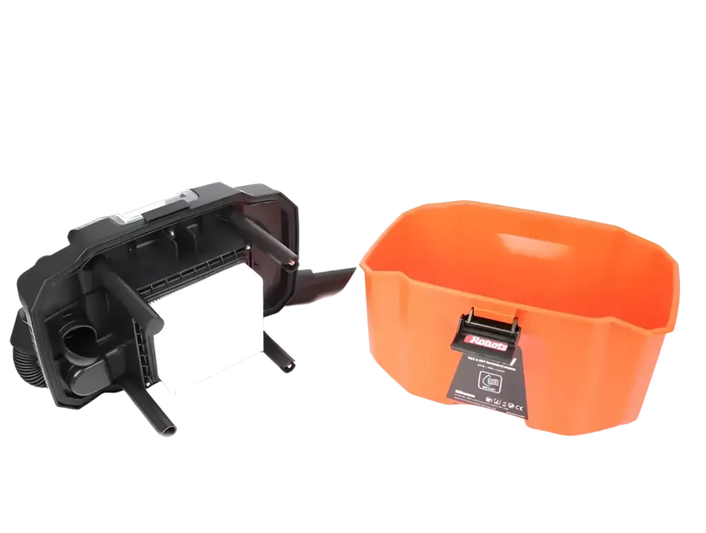 Oranssi muovinen robota dc-wd18v märkä-kuivaimuri runko mustalla tarralla ja mustalla muoviosalla kompakti ratkaisu työmaalle