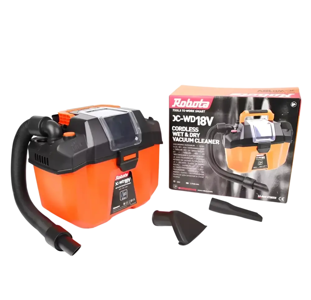 Orange ja musta robota 3c-wd18v monikäyttöinen akkumärkä-kuivaimuri kompakti ratkaisu työmaalle rungolla ja letkulla