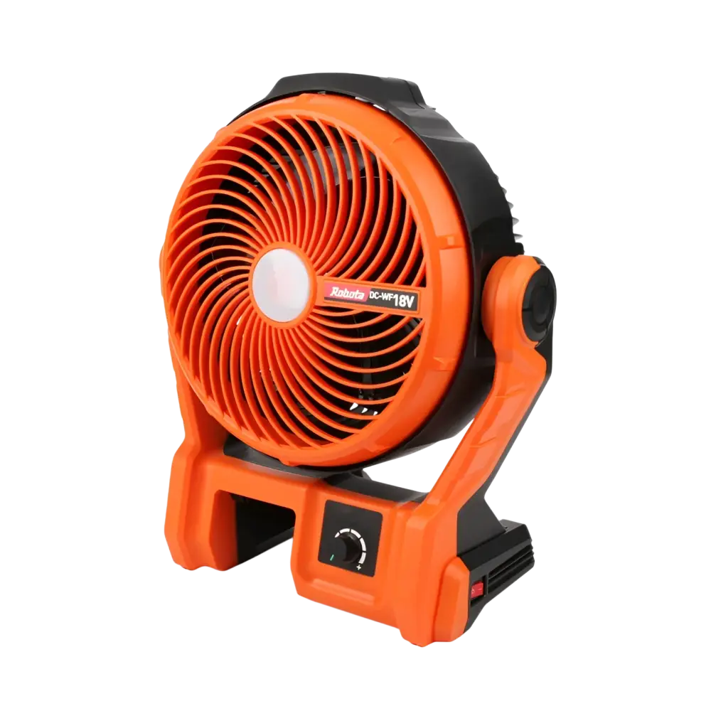 Robota dc-wf18v 18v akkutuuletin oranssi musta pyöreällä ritiläsuojalla ja asteen kulmansäädöllä