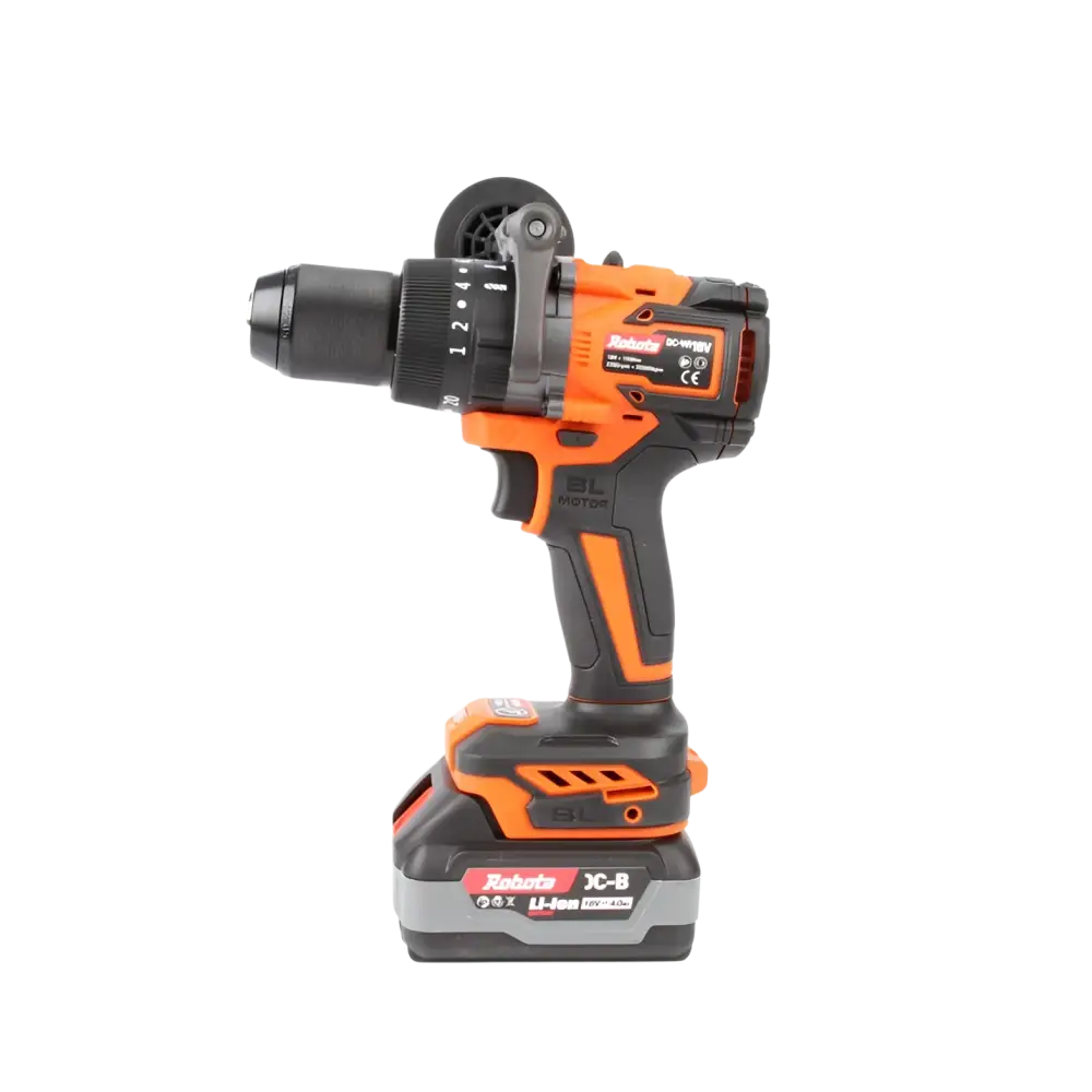Robota dc-wi18v iskevä akkuporakone kahvalla oranssi ja musta tekstuurilla varustetulla kahvalla ja xc-b mallin akulla