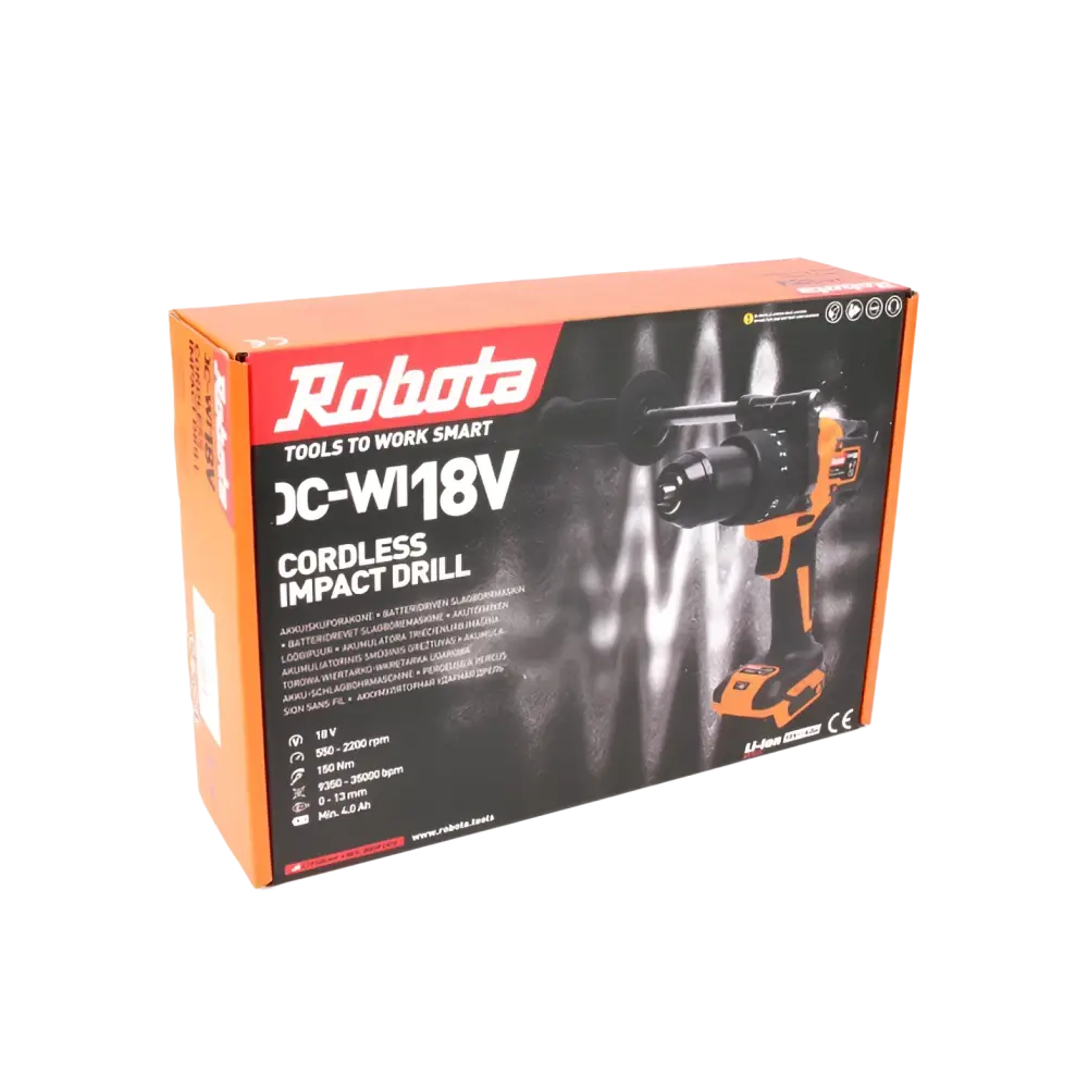 Robota dc-wi18v iskevä akkuporakone kahvalla oranssi musta värinen pakkauksessaan retail-laatikossa