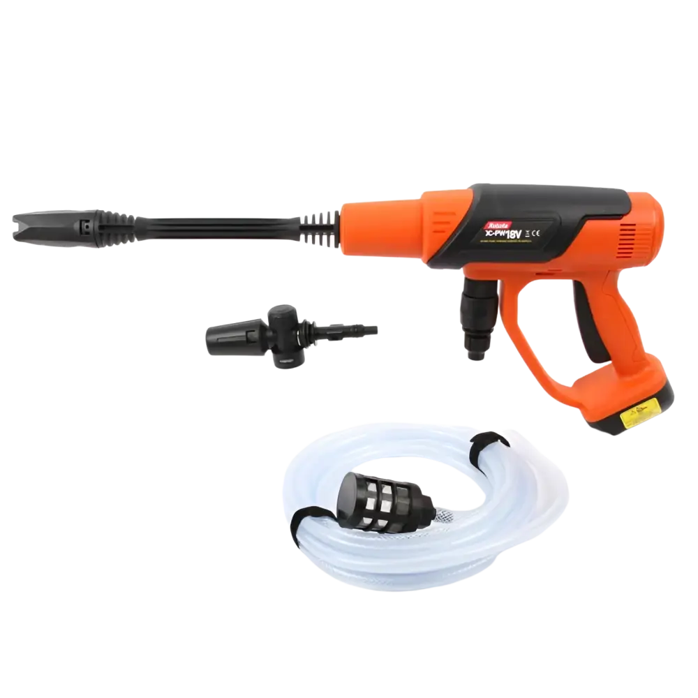 Robota dc-ws18v akkupainepesuri runko oranssi ja musta langaton painepesuri pitkällä suuttimella ja kierteisellä letkulla