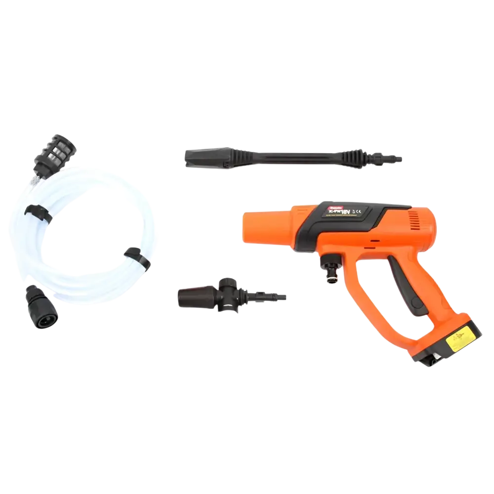 Oranssi ja musta robota dc-ws18v akkupainepesuri runko käsikäyttöinen pesuputki karcher-logolla