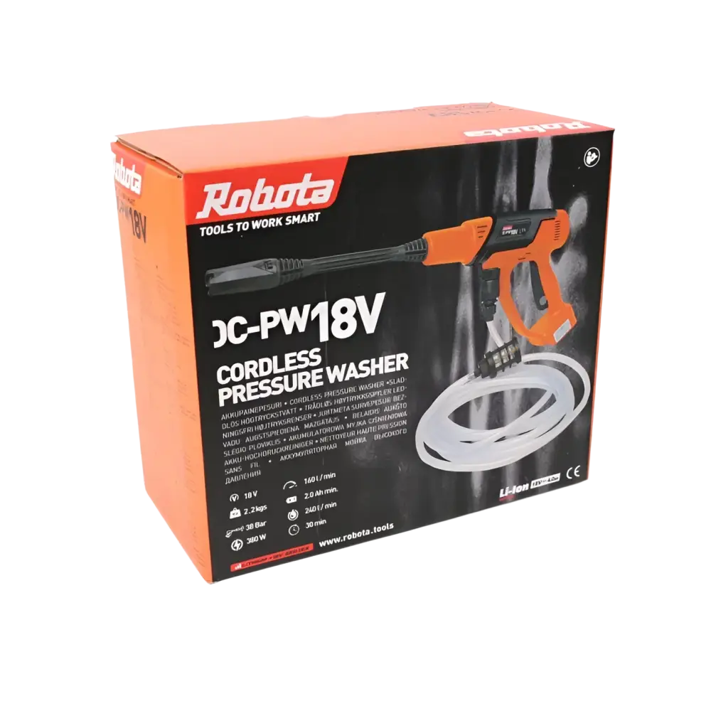Robota dc-ws18v akkupainepesuri runko oranssi ja musta akkukäyttöinen painepesuri valkoisella letkulla