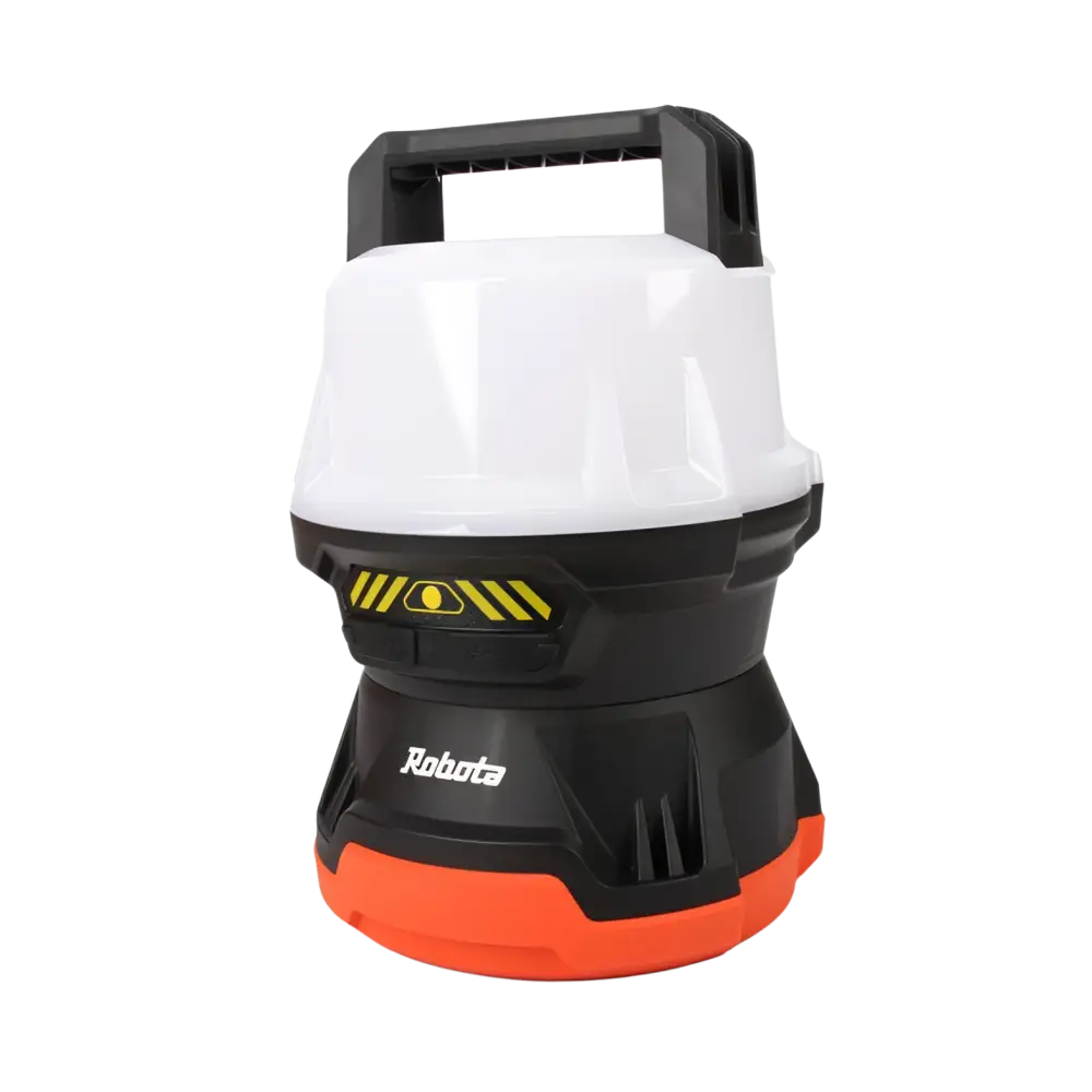 Robota dc-xt18v 360 asteen työvalo mustavalkoinen kantolampulla ja oranssilla pohjalla monien akkualustojen käyttöön