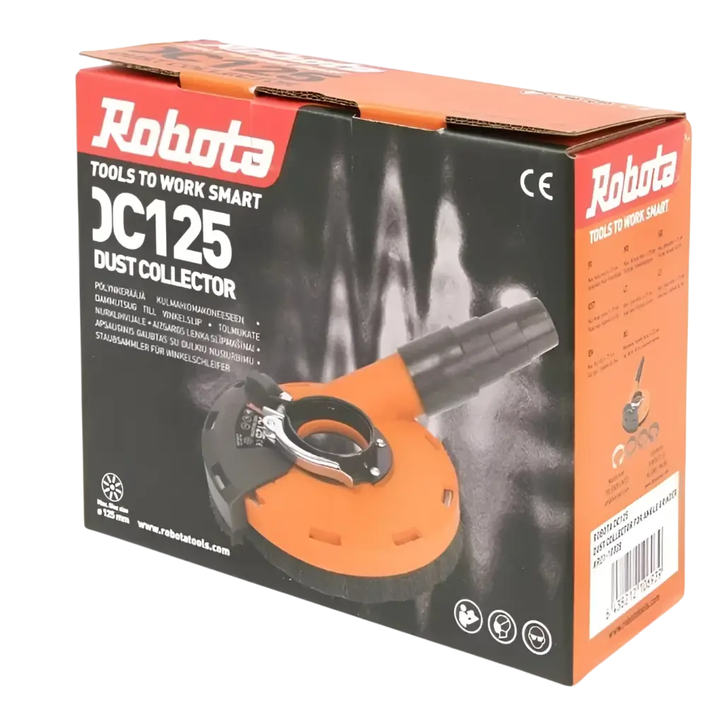 Robota dc125 oranssi ja musta pölynkerääjä kulmahiomakoneeseen pölyn leviämisen estoon myyntipakkauksessa