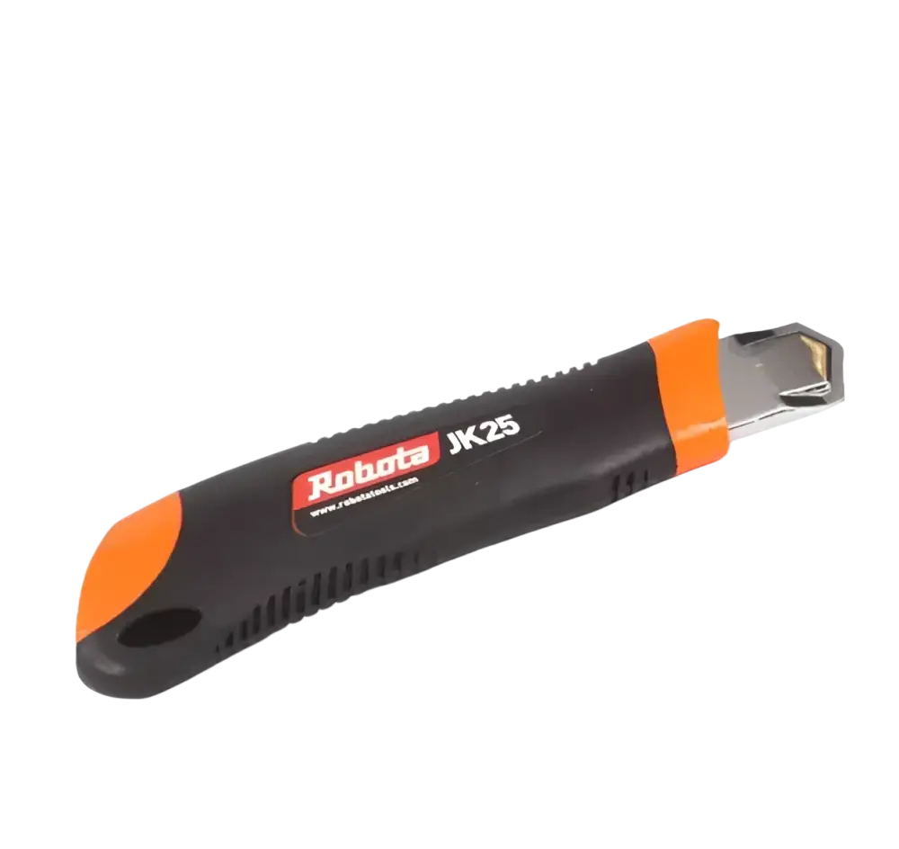 Robata katkoteräveitsi jk25 25mm musta ja oranssi kumisella otepinnalla dual lazer terällä